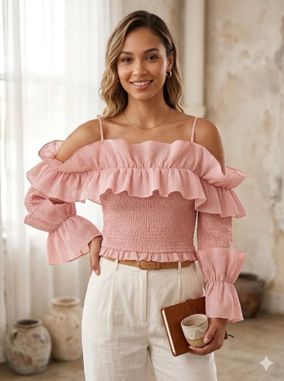 Elliatt Regatta Cold Shoulder Regatta Smocked Top Blush Pink Feminine Frilly L